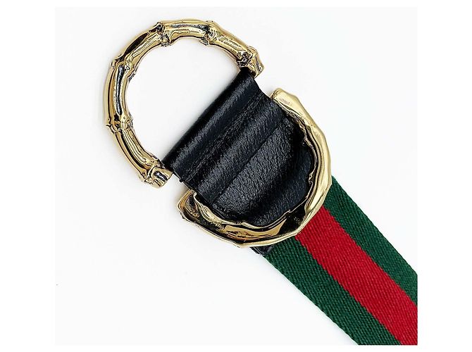 Gürtel Gucci Web Stripe Ring Bamboo Buckle Belt Rot Golden Grün - Ansicht 4