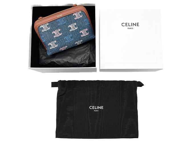 Triomphe Céline Clutch Celine in denim con catena Marrone Blu Multicolore - vista 11
