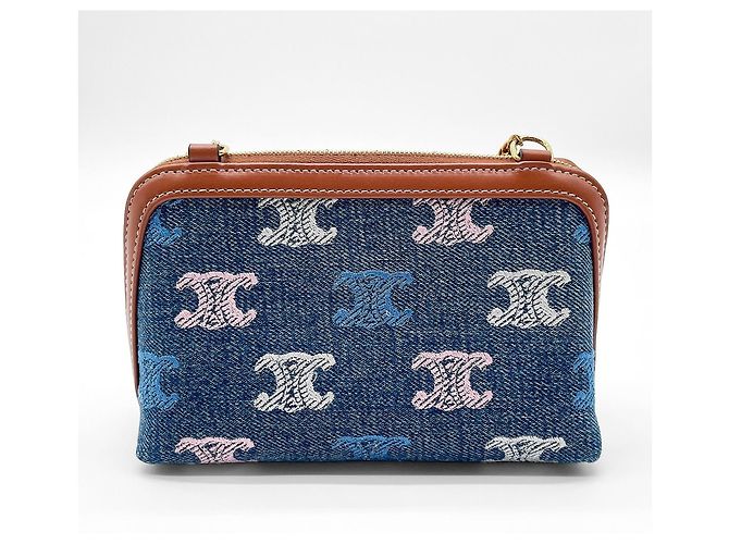 Triomphe Céline Clutch Celine in denim con catena Marrone Blu Multicolore - vista 2