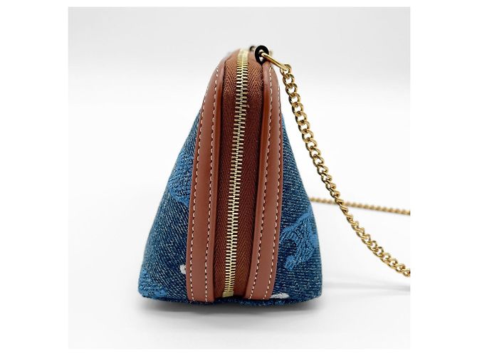 Triomphe Céline Clutch Celine in denim con catena Marrone Blu Multicolore - vista 3