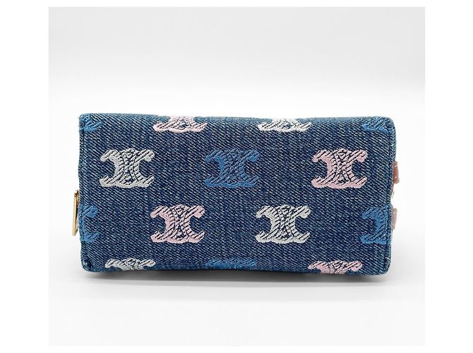 Triomphe Céline Clutch Celine in denim con catena Marrone Blu Multicolore - vista 5