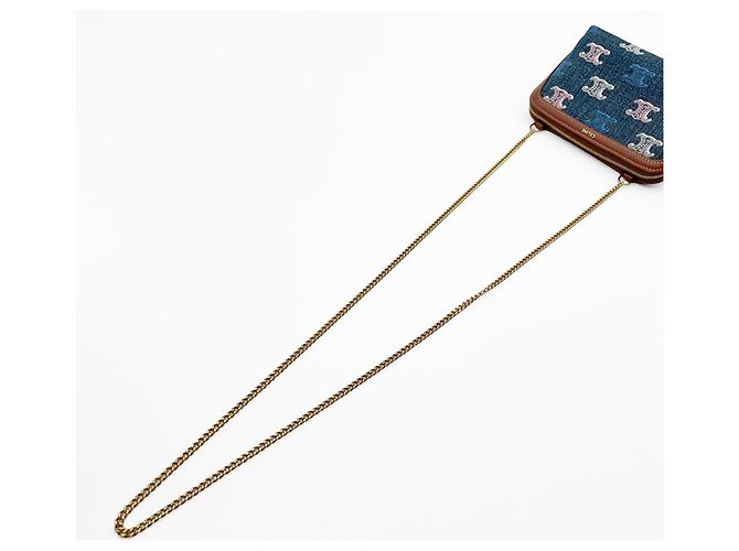 Triomphe Céline Clutch Celine in denim con catena Marrone Blu Multicolore - vista 6