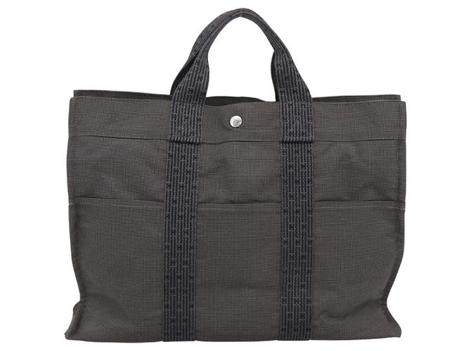 Hermès HERMES Her Line MM Hand Bag Canvas Gray Silver Auth 189625 Marrone Argento - vista 3