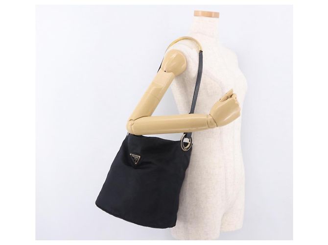 Borsa Tote PRADA Nylon Nero Oro Auth 189679 D'oro - vista 29