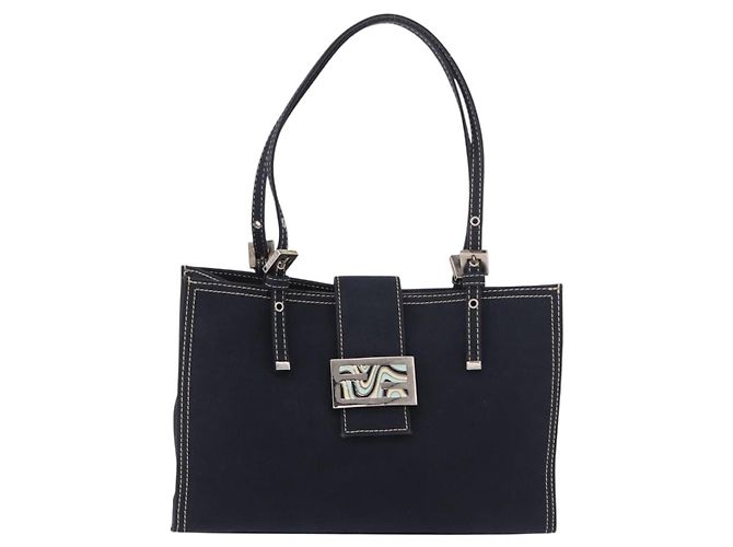 FENDI Mamma Baguette Tote Bag Canvas Navy Silver Auth BA13682V Silber Marineblau - Ansicht 2