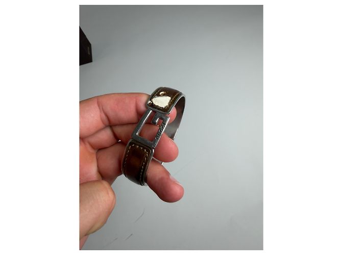 Bracciale Vintage Gucci in pelle con Interlocking G in acciaio inossidabile Marrone Argento - vista 2