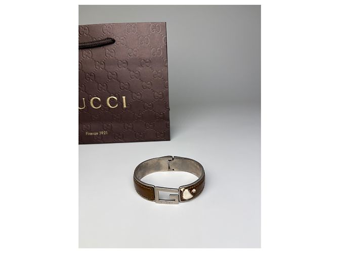 Bracciale Vintage Gucci in pelle con Interlocking G in acciaio inossidabile Marrone Argento - vista 3