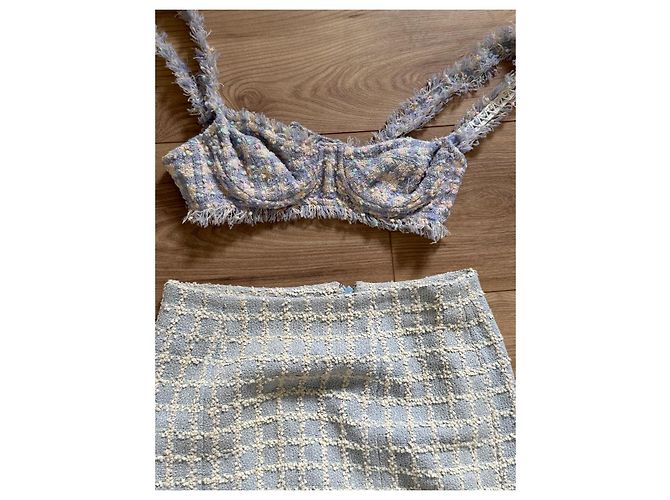 Completo gonna e top bustier in tweed Chanel Rosa Grigio Crudo Giallo Blu chiaro - vista 4