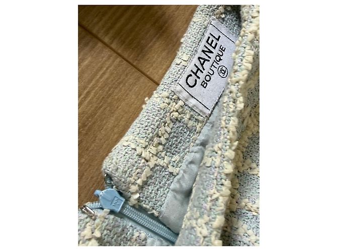 Completo gonna e top bustier in tweed Chanel Rosa Grigio Crudo Giallo Blu chiaro - vista 6