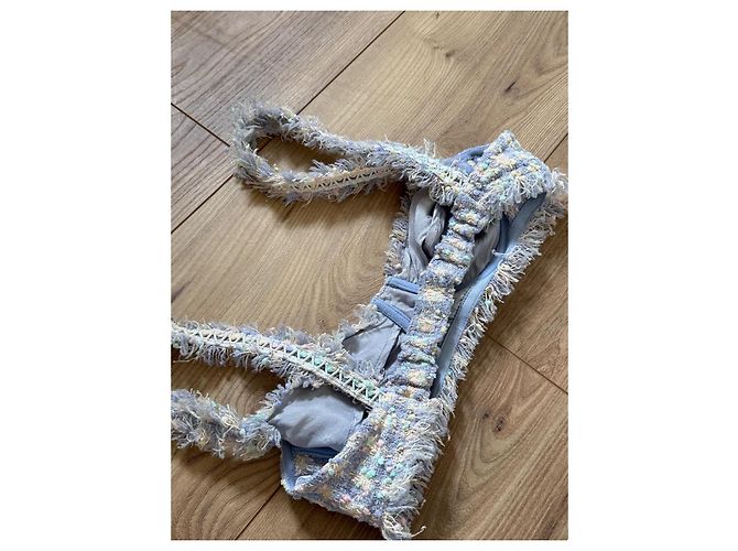 Completo gonna e top bustier in tweed Chanel Rosa Grigio Crudo Giallo Blu chiaro - vista 9