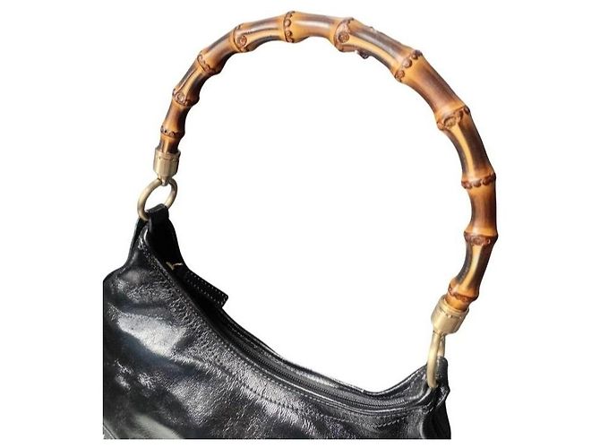 Autre Marque Talbots Borsa a tracolla in pelle vernice nera con manico in bambù Nero - vista 4