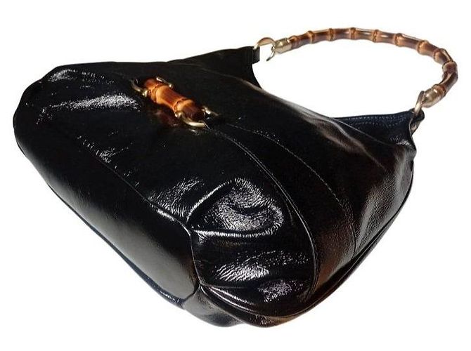 Autre Marque Talbots Borsa a tracolla in pelle vernice nera con manico in bambù Nero - vista 5