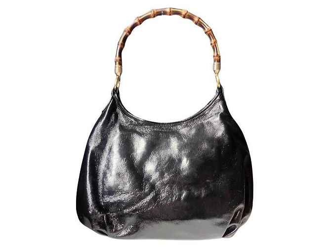 Autre Marque Talbots Borsa a tracolla in pelle vernice nera con manico in bambù Nero - vista 6