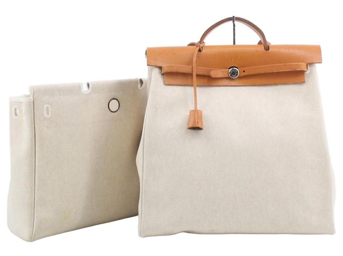 Borsa Hermès Haut à Courroies in tela e pelle Marrone Beige - vista 2