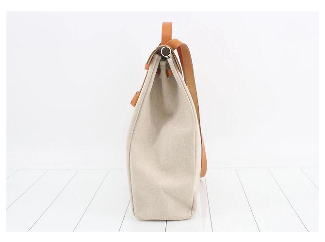 Borsa Hermès Haut à Courroies in tela e pelle Marrone Beige - vista 3