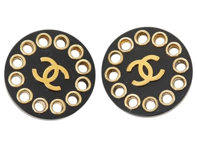 Timeless Orecchini a clip rotondi Vintage Chanel Coco Mark Nero D'oro - vista 2