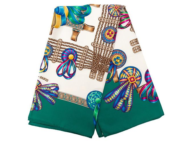 Hermès Hermes Carre 90 LES RUBANS DU CHEVAL Sciarpa nastri di cavallo Multicolore Verde - vista 2