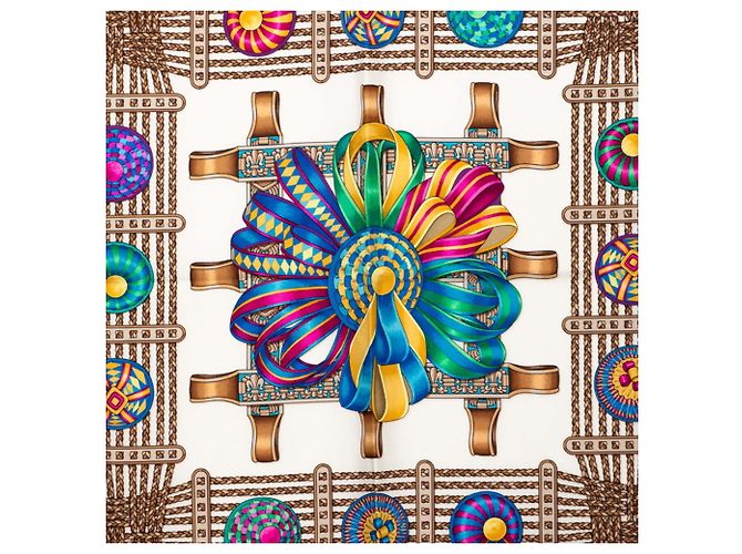 Hermès Hermes Carre 90 LES RUBANS DU CHEVAL Sciarpa nastri di cavallo Multicolore Verde - vista 4
