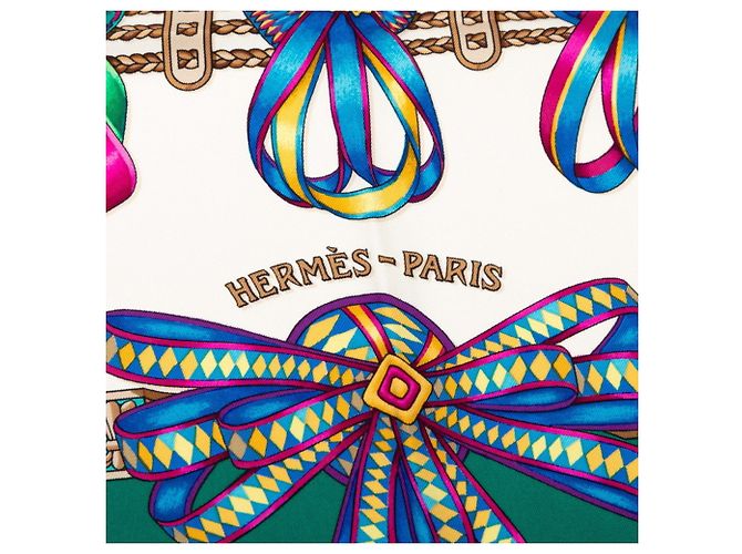 Hermès Hermes Carre 90 LES RUBANS DU CHEVAL Sciarpa nastri di cavallo Multicolore Verde - vista 8