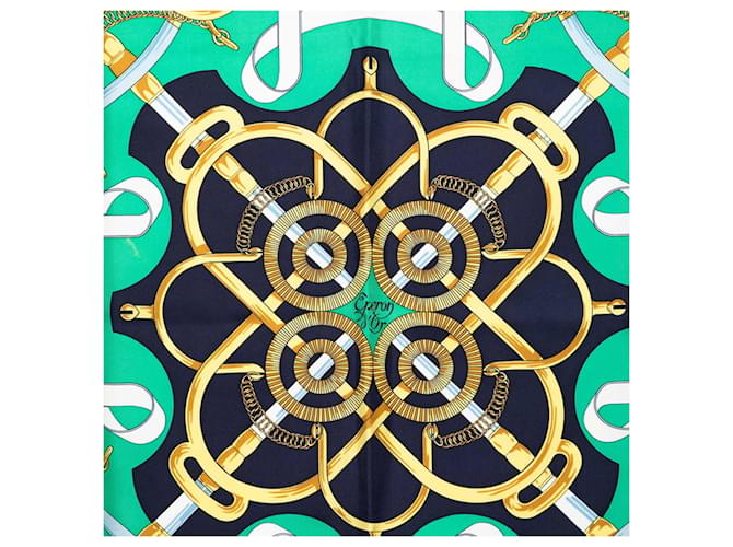 Hermès Sciarpa Hermes Carre 90 Eperon d'Or Verde Blu navy - vista 2