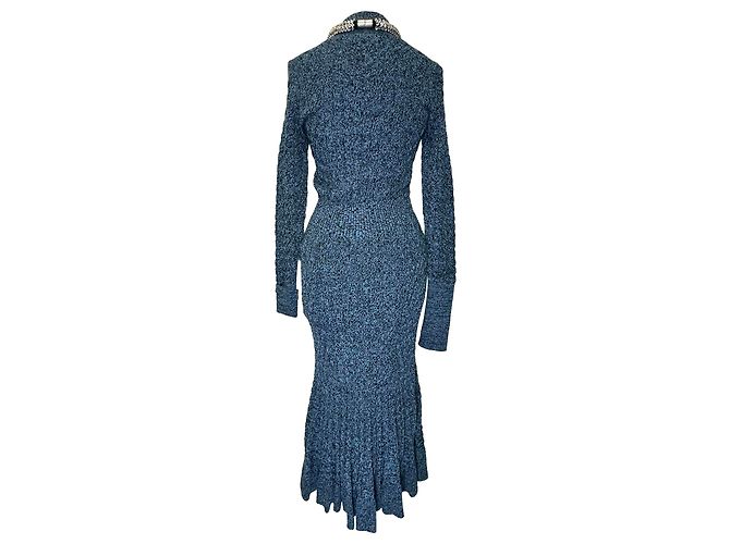 Alexander Mcqueen Strickmidi-Kleid aus blauer Wolle mit Schmuckkragen - Ansicht 3