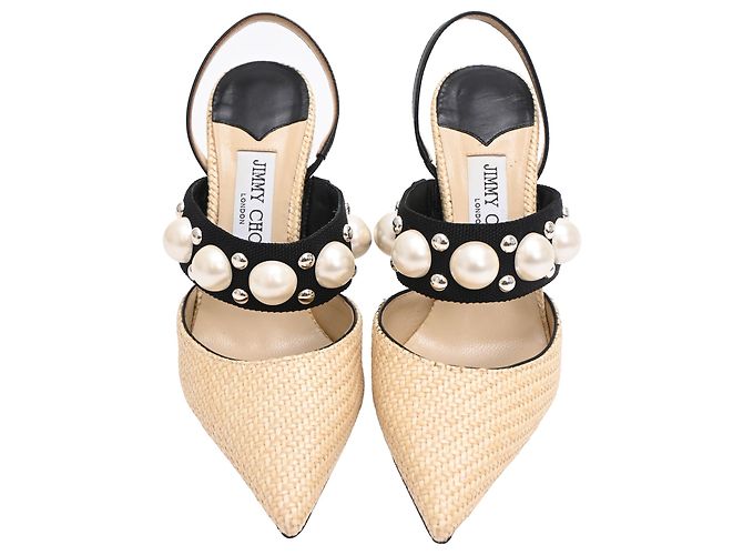 Décolleté Jimmy Choo Breslin 100 in Raffia Beige - vista 3