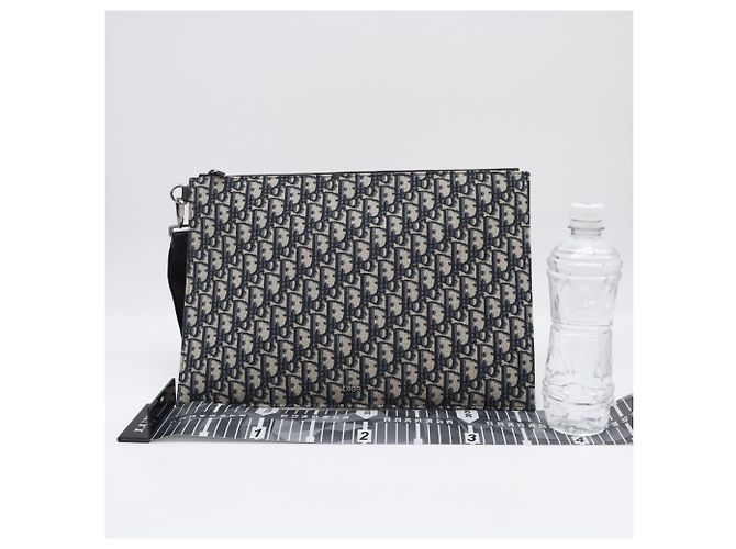 Pochette Clutch Christian Dior Oblique Jacquard A4 Beige Blu navy - vista 3