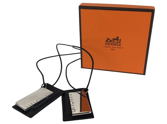 Hermès Collana in pelle e metallo argento e nero con simbolo Hermes - vista 5