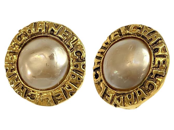 Orecchini CHANEL Vintage Round Logo Gold Plated Faux Pearl D'oro - vista 6