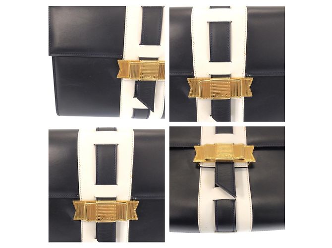 Céline Celine Vintage Logo Ribbon Hardware Schultertasche Weiß Marineblau - Ansicht 5