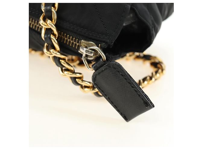 Borsa Tote con Catena PRADA Nylon Nero Oro Auth am12036V D'oro - vista 16