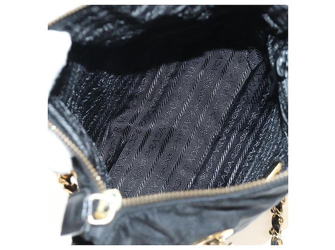 Borsa Tote con Catena PRADA Nylon Nero Oro Auth am12036V D'oro - vista 18
