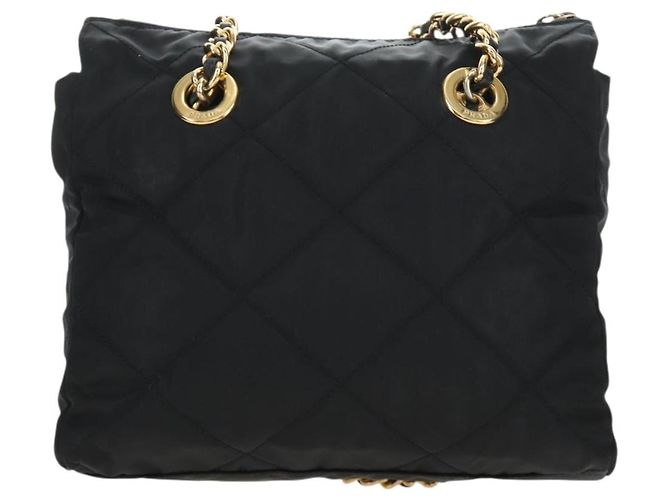 Borsa Tote con Catena PRADA Nylon Nero Oro Auth am12036V D'oro - vista 3