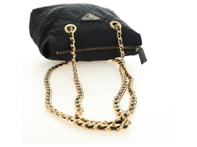 Borsa Tote con Catena PRADA Nylon Nero Oro Auth am12036V D'oro - vista 7