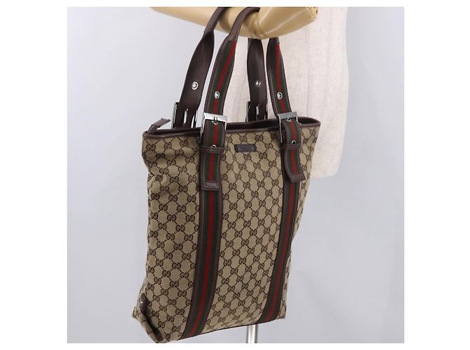 Borsa Tote GUCCI GG Supreme Web Sherry Line Beige Argento 131186 Auth BA13747A - vista 23