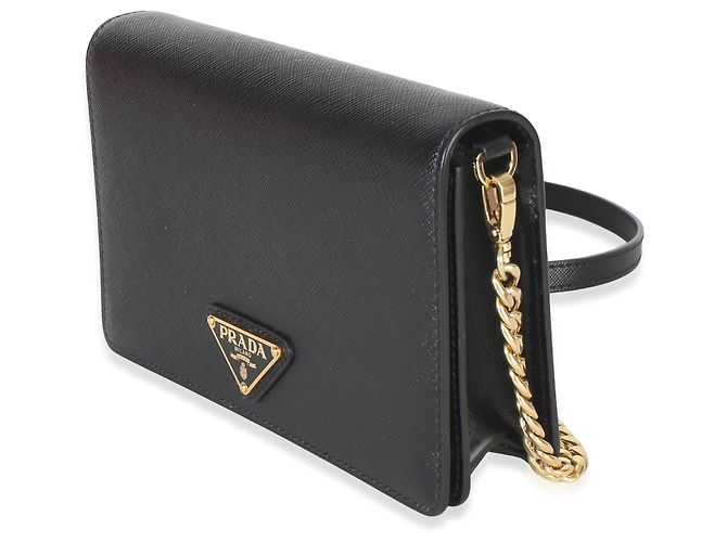 Borsa con patta a catena e logo triangle in Saffiano nero Prada - vista 3