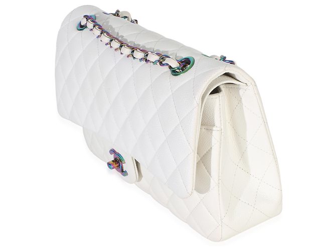 Timeless Borsa Chanel White Quilted Caviar Rainbow Medium Classic Double Flap Bianco - vista 3