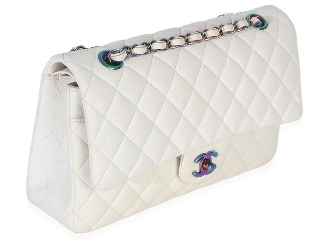 Timeless Borsa Chanel White Quilted Caviar Rainbow Medium Classic Double Flap Bianco - vista 4