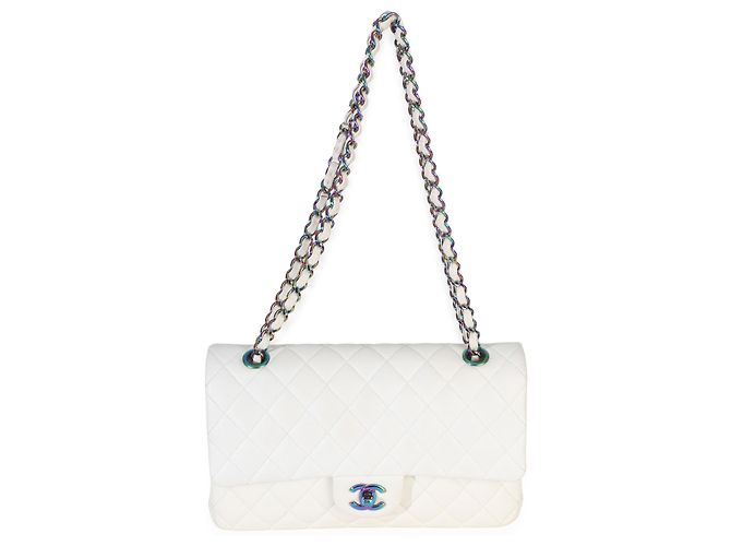 Timeless Borsa Chanel White Quilted Caviar Rainbow Medium Classic Double Flap Bianco - vista 5