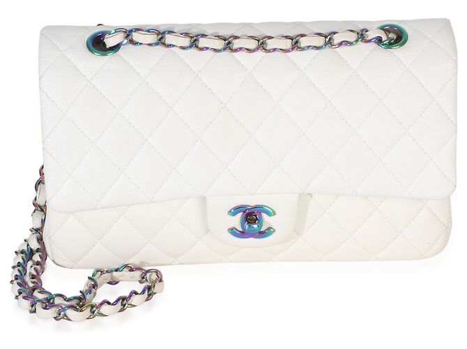 Timeless Borsa Chanel White Quilted Caviar Rainbow Medium Classic Double Flap Bianco - vista 8