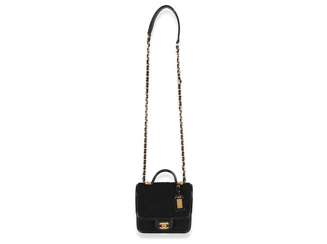 Timeless Borsa Chanel Black Tweed Patent School Memory Mini Top Handle Flap Bag Nero - vista 5