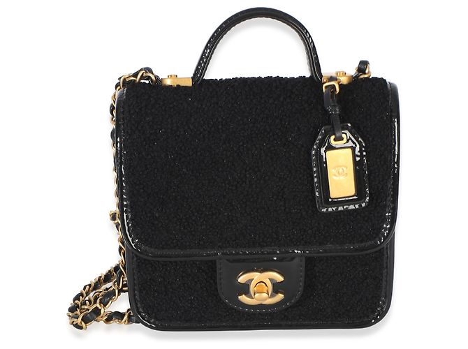 Timeless Borsa Chanel Black Tweed Patent School Memory Mini Top Handle Flap Bag Nero - vista 8