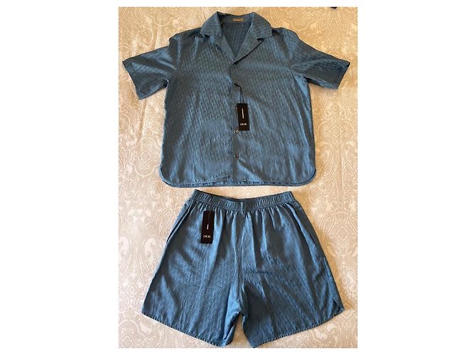 Completo camicia e pantaloncini in seta Dior Oblique Bleu Blu - vista 2
