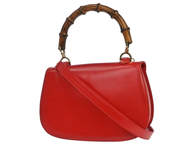 Gucci Vintage Convertible Bamboo Top Handle Leather Medium Rosso - vista 2