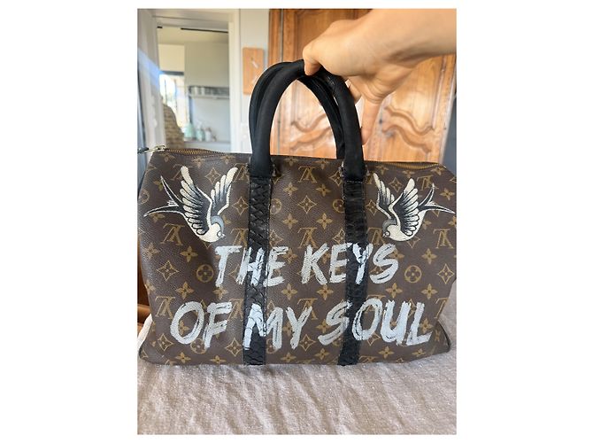 Borsa da viaggio Louis Vuitton Speedy personalizzata Marrone Nero Bianco - vista 3