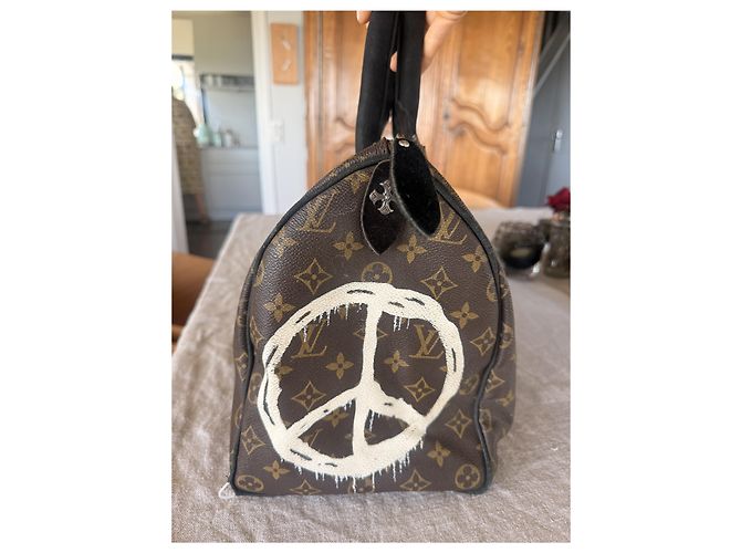Borsa da viaggio Louis Vuitton Speedy personalizzata Marrone Nero Bianco - vista 4