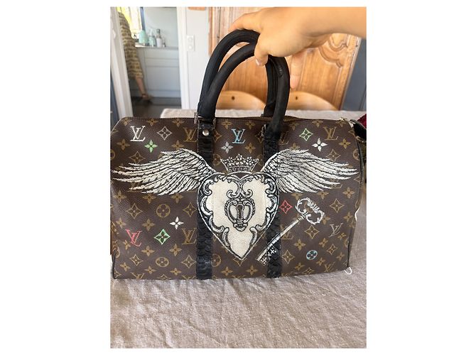 Borsa da viaggio Louis Vuitton Speedy personalizzata Marrone Nero Bianco - vista 5