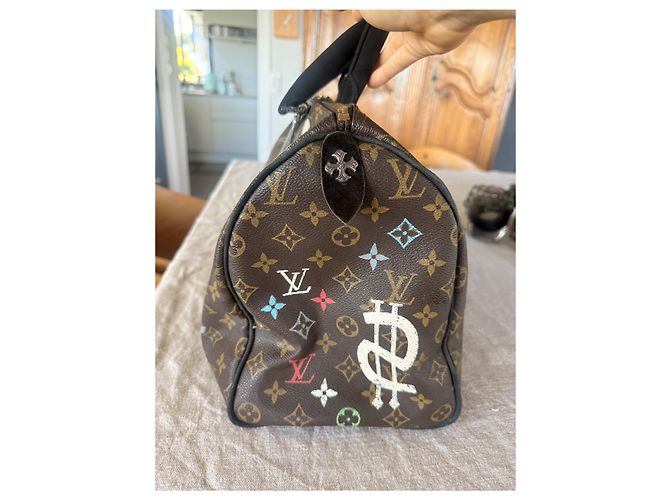 Borsa da viaggio Louis Vuitton Speedy personalizzata Marrone Nero Bianco - vista 6