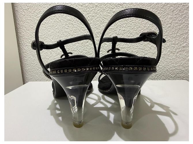Chanel Sandali in raso nero cristalli tacco lucite - vista 8