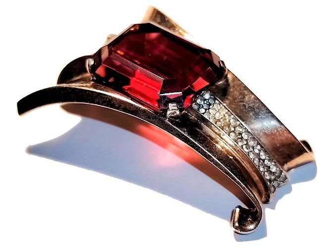 Autre Marque Spilla Clip Crown Trifari Argento Sterling e Vetro Rosso D'oro - vista 2